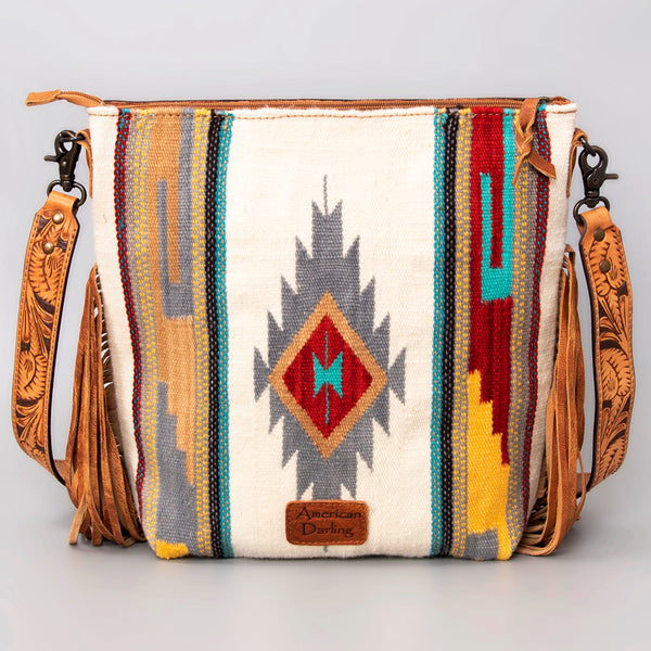 ADBG510 Tooled Leather & Saddle Blanket Crossbody Bag Western Fringe Purse - American Darling