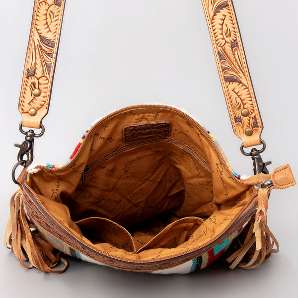 ADBG510 Tooled Leather & Saddle Blanket Crossbody Bag Western Fringe Purse - American Darling