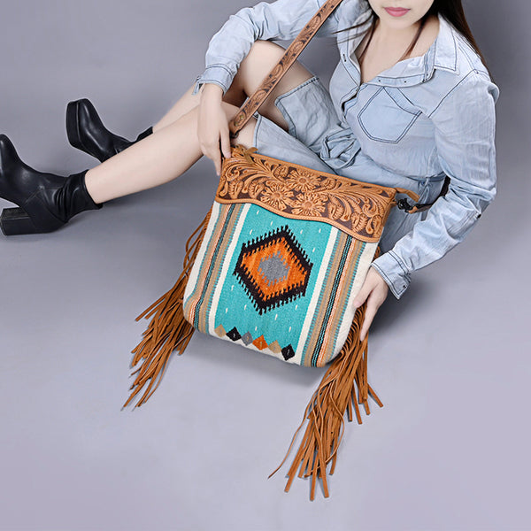 ADBG510 Tooled Leather & Saddle Blanket Crossbody Bag Western Fringe Purse - American Darling