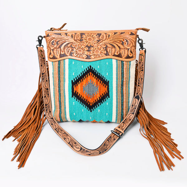 ADBG510 Tooled Leather & Saddle Blanket Crossbody Bag Western Fringe Purse - American Darling