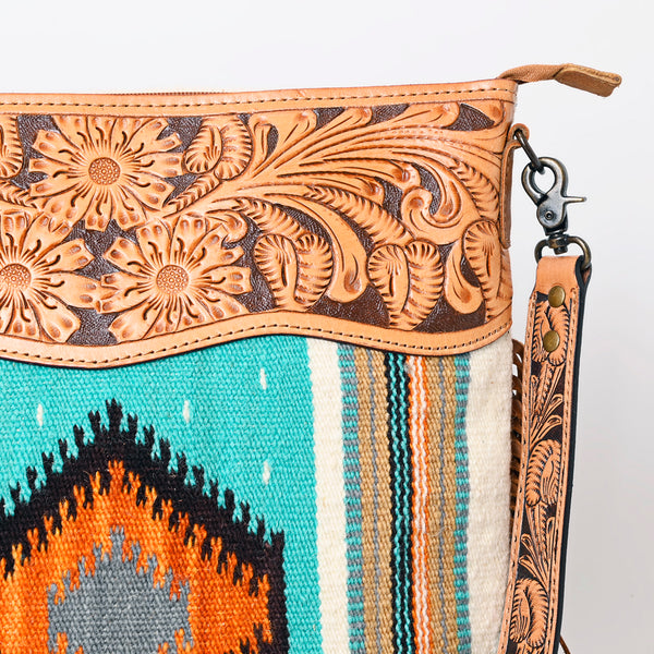 ADBG510 Tooled Leather & Saddle Blanket Crossbody Bag Western Fringe Purse - American Darling