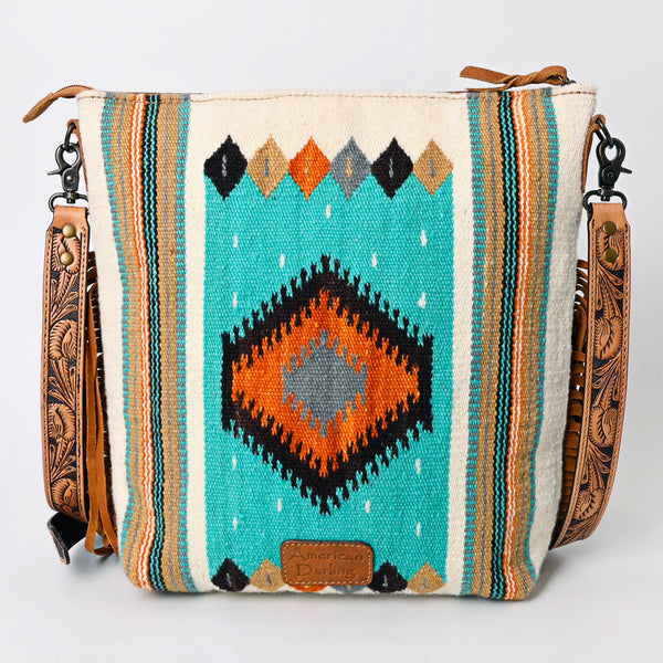 ADBG510 Tooled Leather & Saddle Blanket Crossbody Bag Western Fringe Purse - American Darling