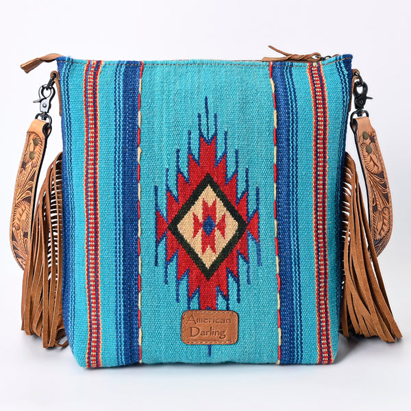 ADBG510 Tooled Leather & Saddle Blanket Crossbody Bag Western Fringe Purse - American Darling
