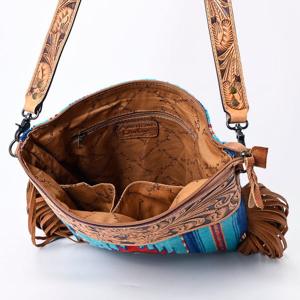 ADBG510 Tooled Leather & Saddle Blanket Crossbody Bag Western Fringe Purse - American Darling