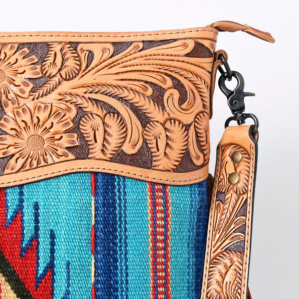 ADBG510 Tooled Leather & Saddle Blanket Crossbody Bag Western Fringe Purse - American Darling