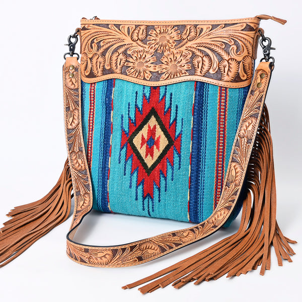 ADBG510 Tooled Leather & Saddle Blanket Crossbody Bag Western Fringe Purse - American Darling