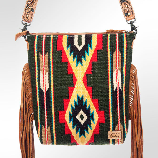 ADBG510 Tooled Leather & Saddle Blanket Crossbody Bag Western Fringe Purse - American Darling