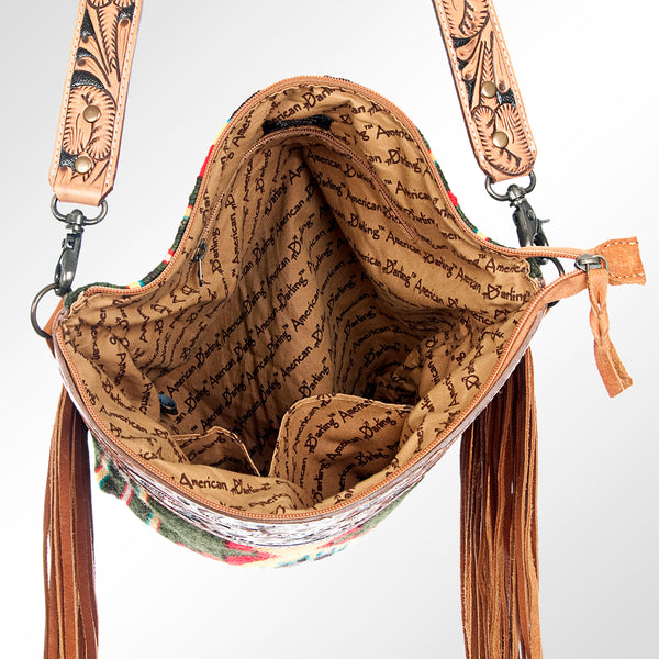 ADBG510 Tooled Leather & Saddle Blanket Crossbody Bag Western Fringe Purse - American Darling