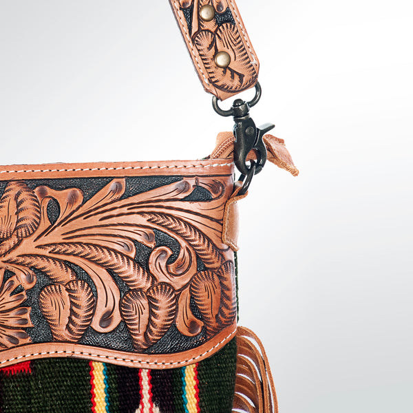 ADBG510 Tooled Leather & Saddle Blanket Crossbody Bag Western Fringe Purse - American Darling