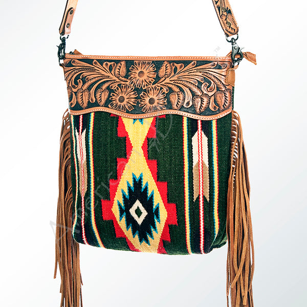 ADBG510 Tooled Leather & Saddle Blanket Crossbody Bag Western Fringe Purse - American Darling