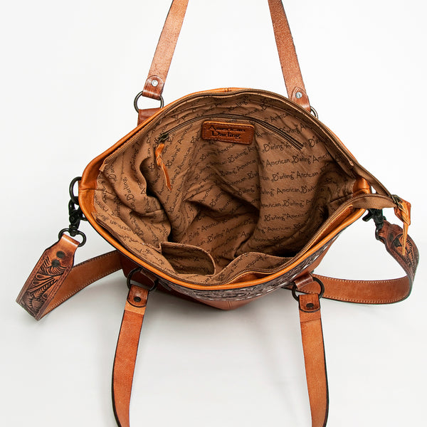 LC-ADBGZ259 Hand-Tooled Full Leather Western Tote Bag with Floral Strap - Chestnut Brown