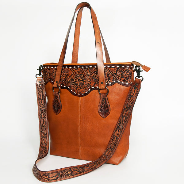 LC-ADBGZ259 Hand-Tooled Full Leather Western Tote Bag with Floral Strap - Chestnut Brown