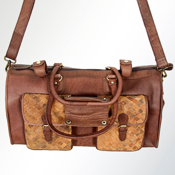 LC-ADBGI124A Woven Leather Panel Duffel Bag - Western Travel Weekender with Dual Front Pockets