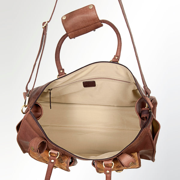 LC-ADBGI124A Woven Leather Panel Duffel Bag - Western Travel Weekender with Dual Front Pockets