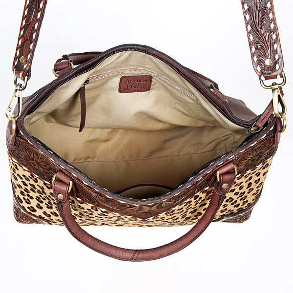 ADBGI141 Hand-Tooled Cowhide Leather Western Tote - Floral Tooled Hair-On Bag