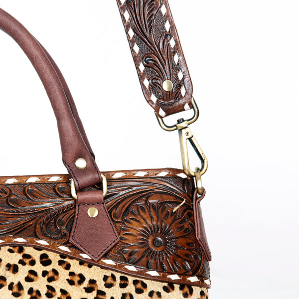 ADBGI141 Hand-Tooled Cowhide Leather Western Tote - Floral Tooled Hair-On Bag