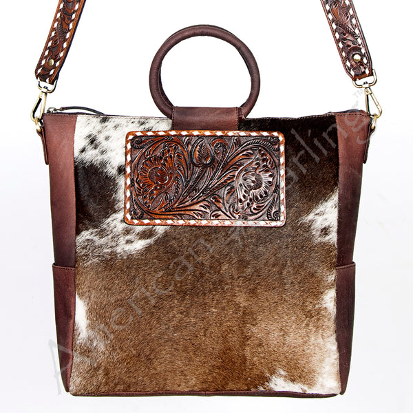 ADBGI143 Hair-On Hide Square Tote with Tooled Leather Patch - Western Cowgirl Bag