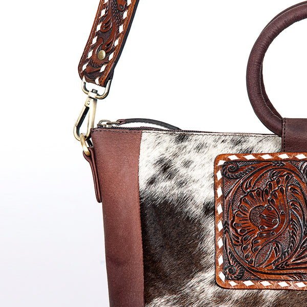 ADBGI143 Hair-On Hide Square Tote with Tooled Leather Patch - Western Cowgirl Bag