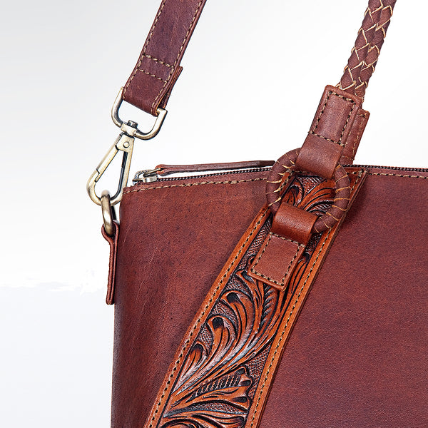 LC-ADBGI146A Tooled Leather Western Tote - Genuine Brown Cowhide Shoulder Bag
