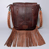 LC-ADBGZ289 Brown Leather & Cowhide Fringe Messenger Bag - Tooled Floral Flap Purse