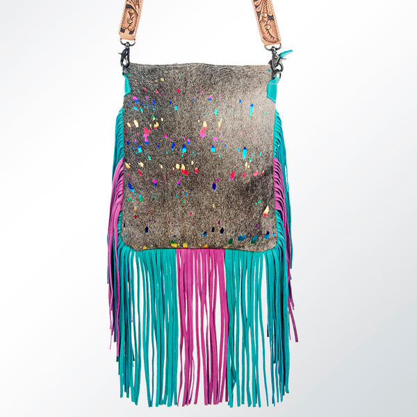 ADBGS192 Natural Cowhide Large Crossbody Bag with Fringe - Tooled Strap Western Purse