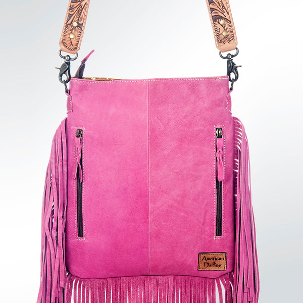 ADBGS192 Splatter Cowhide Large Crossbody Bag with Fringe & Tooled Leather Strap
