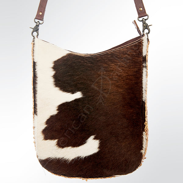 ADBG593 Cowhide Crossbody Bag with Tooled Leather Sunflower Accents Western Hair-On-Hide Tote