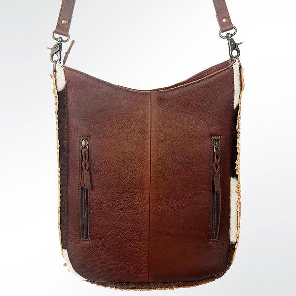 ADBG593 Cowhide Crossbody Bag with Tooled Leather Sunflower Accents Western Hair-On-Hide Tote