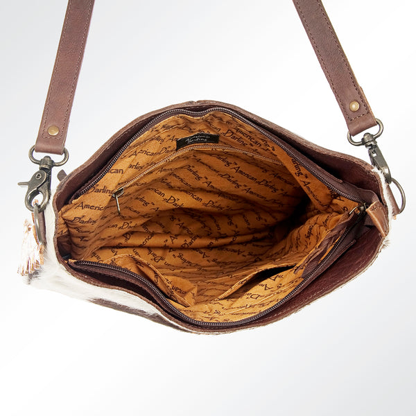 ADBG593 Cowhide Crossbody Bag with Tooled Leather Sunflower Accents Western Hair-On-Hide Tote