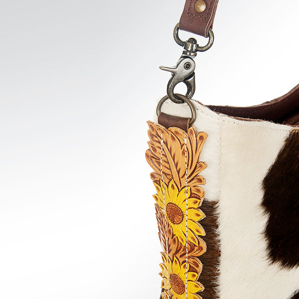ADBG593 Cowhide Crossbody Bag with Tooled Leather Sunflower Accents Western Hair-On-Hide Tote