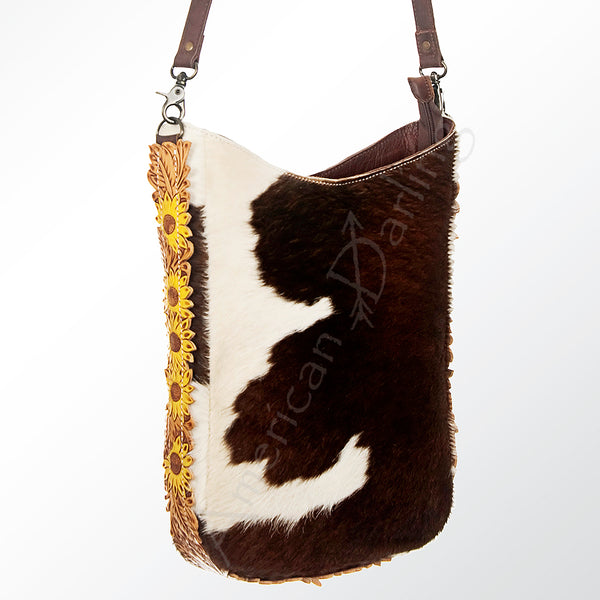 ADBG593 Cowhide Crossbody Bag with Tooled Leather Sunflower Accents Western Hair-On-Hide Tote