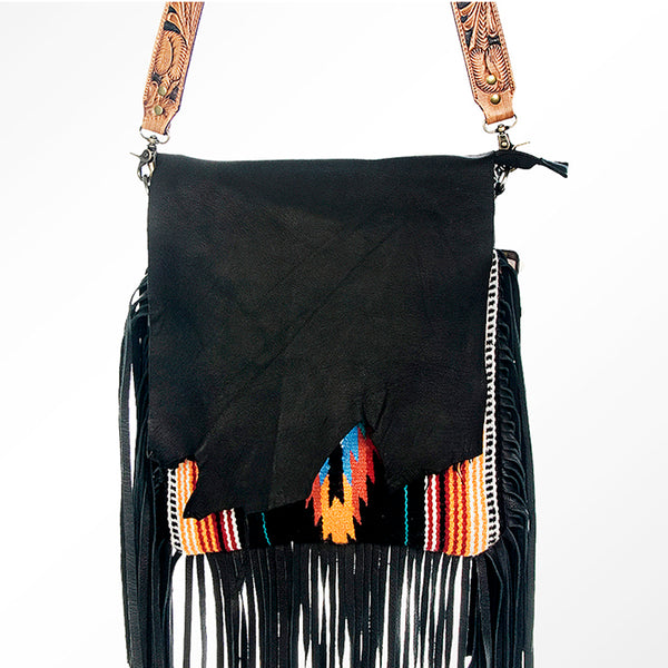 LC-ADBGZ300 Black Leather Flap Messenger Bag with Southwestern Fringe Design