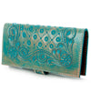 ADBG599 Turquoise Tooled Leather Wallet Western Floral Trifold Clutch with Snap Closure