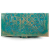 ADBG599 Turquoise Tooled Leather Wallet Western Floral Trifold Clutch with Snap Closure
