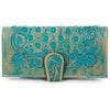 ADBG599 Turquoise Tooled Leather Wallet Western Floral Trifold Clutch with Snap Closure