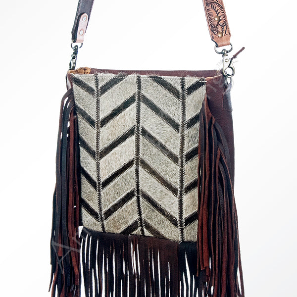 ADBG602 Boho Chevron Hair-On Cowhide Fringe Crossbody with Hand Tooled Leather Strap