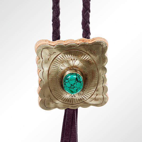 LC-ADJW101 Men's Western Jewelry Necklace with Silver Concho, Turquoise Stone & Leather Fringe