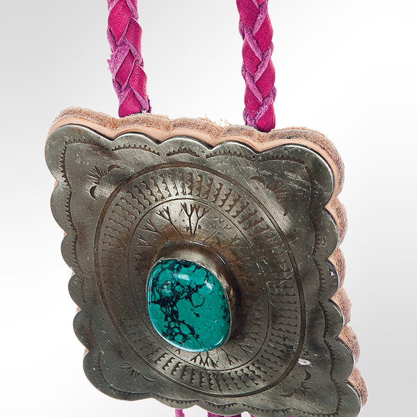 LC-ADJW101 Men's Western Jewelry Necklace with Silver Concho, Turquoise Stone & Leather Fringe