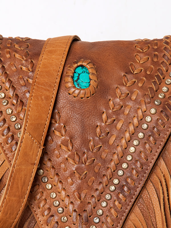 ADBGM126 Leather Fringe Messenger Bag - V-Cut Flap with Turquoise Concho & Studs
