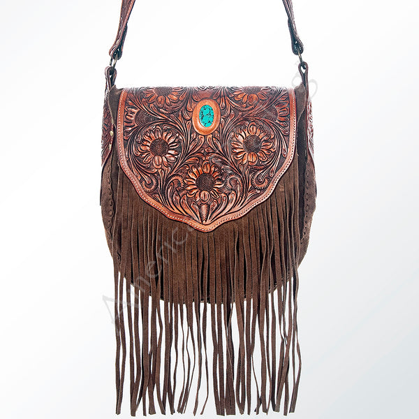ADBGH102 Fringe Western Leather Tote - Tooled Flap with Turquoise Inlay & Genuine suede Body