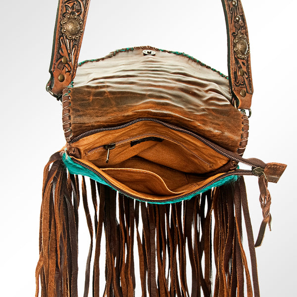 ADBG733 American Darling Hand Tooled Floral Carved Strap Cross body Bag Hair-On Cowhide Western Fringed Purse