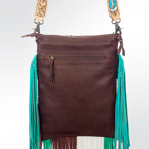 ADBG658 Leopard Hair-on-Hide Crossbody Bag with Tooled Leather War Bonnet & Fringe