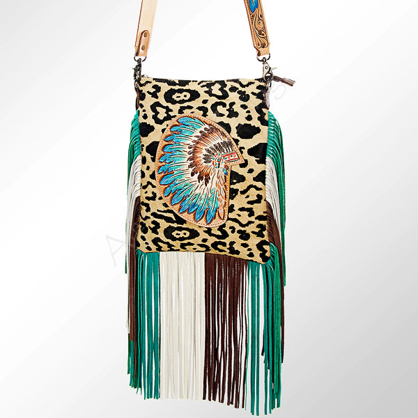 ADBG658 Leopard Hair-on-Hide Crossbody Bag with Tooled Leather War Bonnet & Fringe