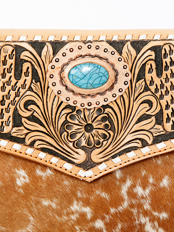ADBGD118 American Darling Hand Tooled Floral & Hair-On Cowhide Leather Envelope with Fringes