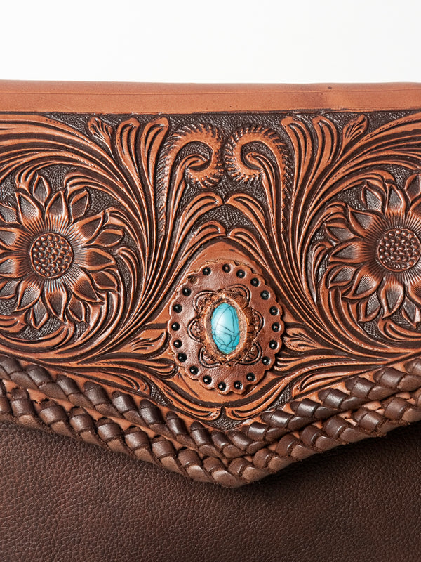 ADBGD119 American Darling Hand Tooled Floral Leather Envelope Crossbody with Turquoise Concho