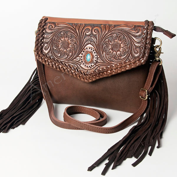 ADBGD119 American Darling Hand Tooled Floral Leather Envelope Crossbody with Turquoise Concho