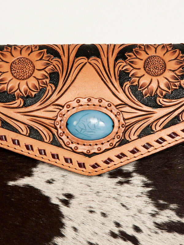 ADBGD120 American Darling Hand Tooled Floral & Hair-On Cowhide Envelope with Turquoise Concho