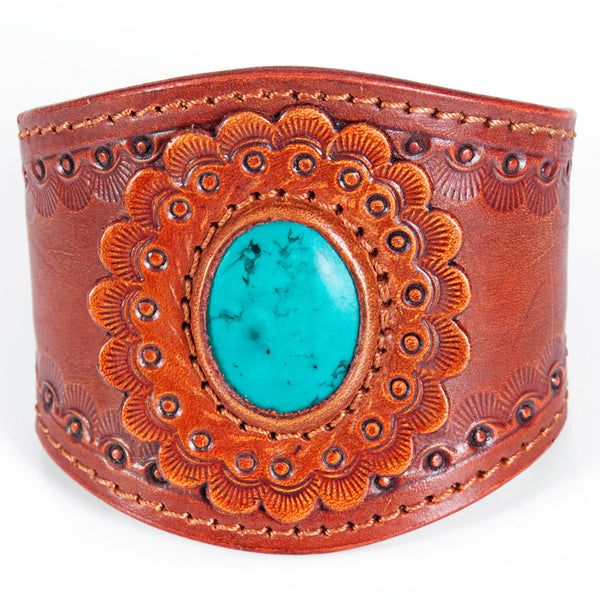 ADBRF135 Stamped Leather Cuff Bracelet with Turquoise Stone - Western Style