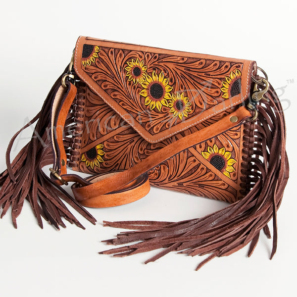 ADBGA124 American Darling Hand Tooled Western Leather Envelope Crossbody Bag with Fringe