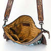 LC-ADBGZ306 Hand Tooled Leather & Wool Aztec Crossbody Bag with Fringe - Turquoise Southwestern Design